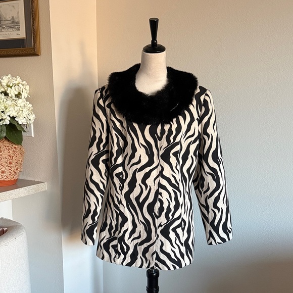 Kb Jackets & Blazers - Zebra Print Faux Fur Collar Coat